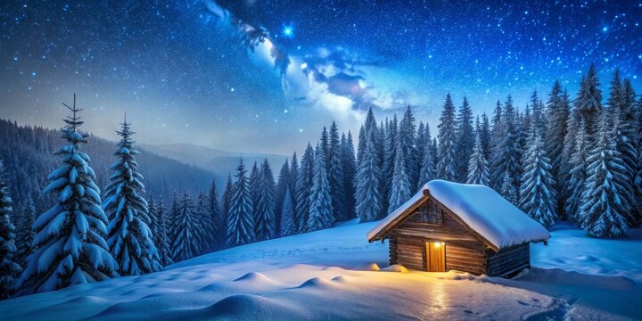 A Cozy Cabin in the Snow-Covered Forest Under a Starry Night Sky - Powered by Adobe