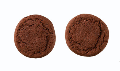 Two chocolate cookies isolated. Round chocolate cookies isolated on white background, top view.