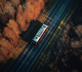 Aerial shot of shuttle bus vehicle driving along the road through wooded landscape in autumn, drone pov