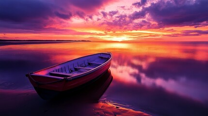 Fototapeta premium A small boat on the beach, sunset sky lanscape photography