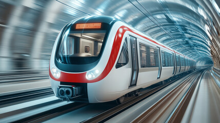 Fototapeta premium A sleek, modern train speeds through an underground tunnel, showcasing advanced transportation technology and urban connectivity in a bustling city environment.