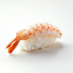 Delicate Shrimp Nigiri Sushi with Cooked Pink Shrimp on White Rice Isolated on White Background