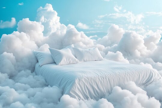 Cozy dreamy bed surrounded by soft clouds in a surreal heavenly atmosphere for relaxing sleep