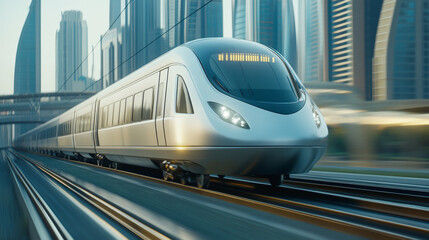 Naklejka premium A sleek, modern train speeds along city tracks, surrounded by futuristic skyscrapers, illustrating advanced urban transportation and technology in a bustling metropolis.