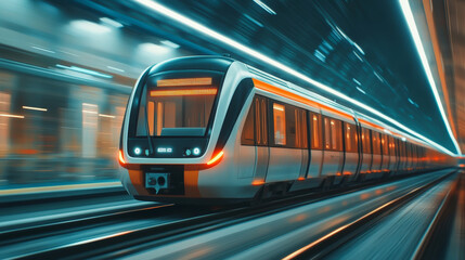 A futuristic high-speed train glides smoothly through a modern station, surrounded by dynamic lighting and motion blur, showcasing advanced urban transportation.