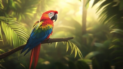 A scarlet macaw perches on a branch in a lush rainforest, bathed in the golden light of the morning sun.