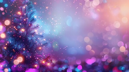An abstract background of vibrant bokeh lights in shades of purple, blue, and pink, giving off a soft glow with a subtle blur effect, capturing a festive ambiance