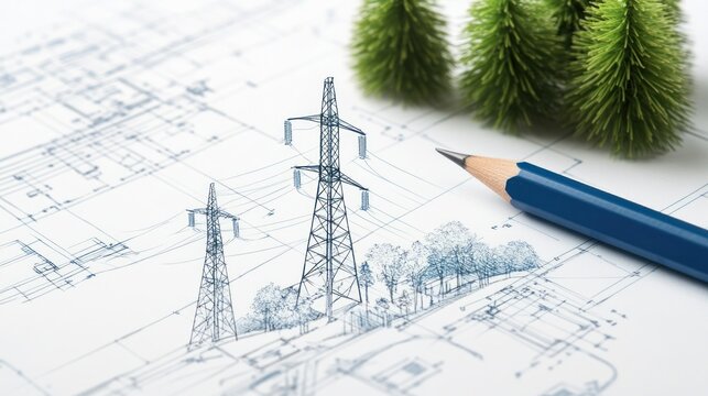 A blueprint featuring power lines with greenery and a pencil, symbolizing sustainable energy design.