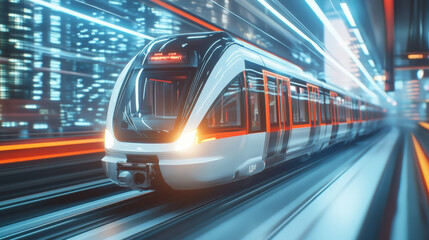 Fototapeta premium A futuristic high-speed train moves swiftly through a brightly lit cityscape, creating a sense of rapid motion and modern urban transportation.