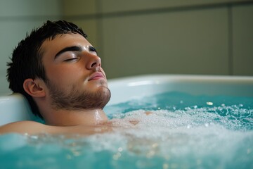 Man enjoys ice plunge bath for post workout recovery after intense sports exercise session