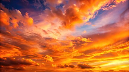 Obraz premium Vibrant orange sunlit sky with bright white clouds and a few streaks of pale pink on the horizon, sunny, lively, colorful