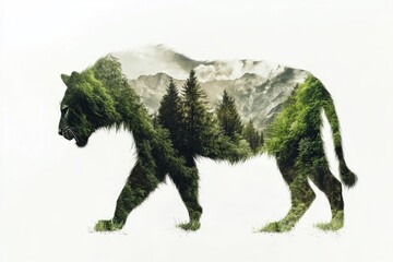 Stunning double exposure of wild animals fused with a vibrant jungle on a clean white backdrop