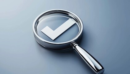 White check symbol magnified on blue background, concept of scrutiny, quality assurance, and validation