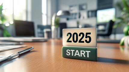 A close-up of a desk with a block that says "2025" and another that says "START." The blocks are on a desk in a modern office, suggesting a new year, new goals, and new beginnings.