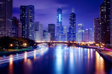 City lights create a mesmerizing reflection on the water at night, enhancing the atmosphere. Generative AI