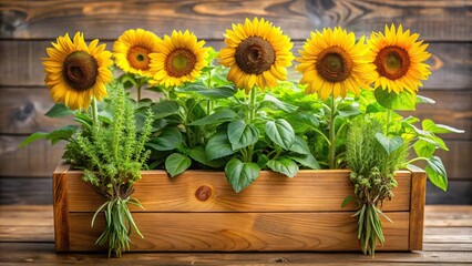 Obraz premium Vibrant sunflowers standing upright in a modern wooden planter with a few potted herbs nearby, bright flowers, tall flowers, flower pot, sunny flowers