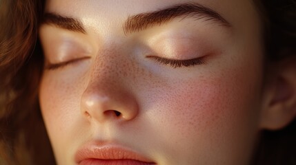 Fototapeta premium Close-up of a young woman's serene face with closed eyes and natural freckles.