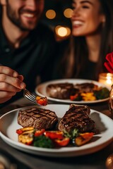 Couple Enjoying a Romantic Dinner With Steak and Colorful Vegetables at a Cozy Restaurant Illuminated by Soft Candlelight