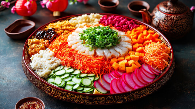 Traditional Chinese New Year Yu Sheng salad. Vibrant Chinese Lou Sang Salad with Fresh Vegetables and Sliced Fish for Celebration