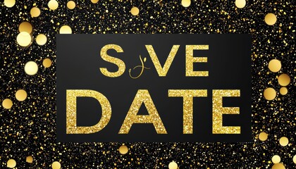 Black  Save the Date  text with gold glitter background, festive and elegant wedding or event announcement