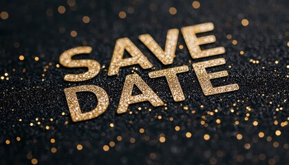 Black  Save the Date  text with gold glitter background, festive and elegant wedding or event announcement