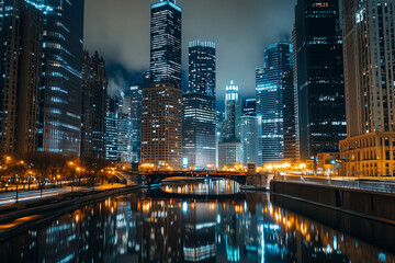 Vibrant city skyline. Reflection on the water at night, enhancing the atmosphere. Generative AI