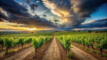 Fototapeta premium Vineyard rows of grapevines under a cloudy sky with scattered branches and leaves, landscape, countryside, rural