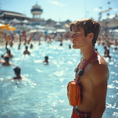 Lifeguard on duty at a water park, watching over swimmers. 