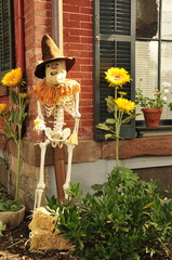 Halloween scarecrow surrounded by sunflowers