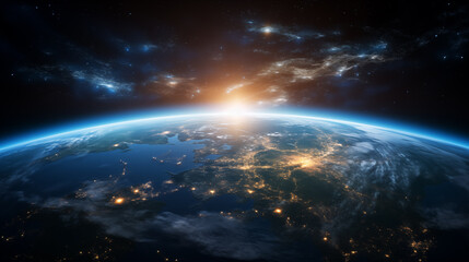 Planet Earth with detailed relief and atmosphere. Blue space background with earth and galaxy.