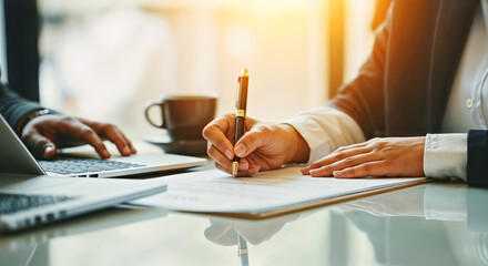 Business Collaboration: Professionals Reviewing Documents at Meeting with Technology Integration