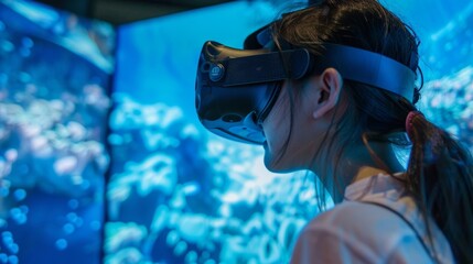 Young woman is immersed in a virtual reality experience, wearing a vr headset and engaging with a digital environment