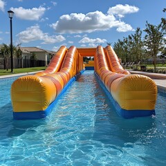 Inflatable obstacle course set up in a water park pool
