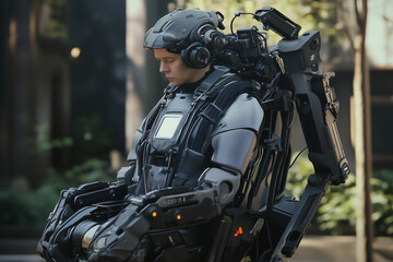 Futuristic exoskeleton with technological equipment on the street. Generative AI