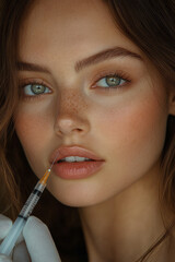 A close-up of a gloved hand holding a syringe near smooth skin, capturing the delicate preparation for a botulinum toxin injection in aesthetic cosmetology,