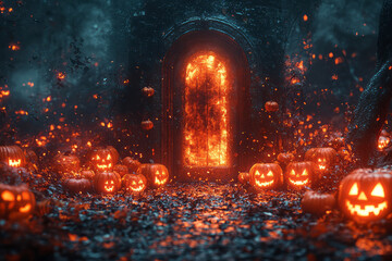 A mysterious door in the middle of a dark forest, surrounded by glowing jack-o'-lanterns,