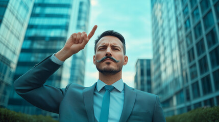 Fototapeta premium Movember Men's health awareness concept. A handsome businessman with a mustache pointing finger above his head, standing in front of an office building.