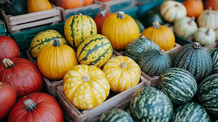 autumn pumpkins and gourds in various shapes, colors, and textures, beautifully arranged in a...