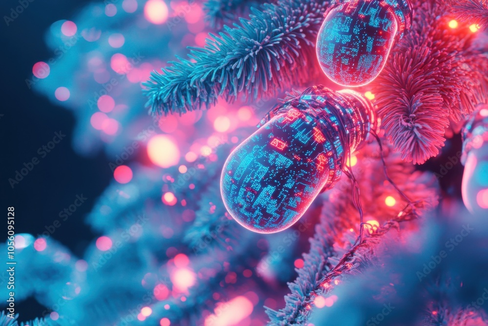 Poster christmas tree branch with illumination and decorations on red cyberpunk christmas background with s