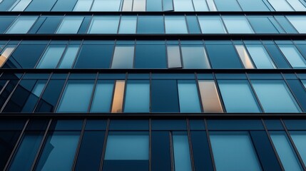 Close-up of a modern glass building facade with reflective windows and geometric patterns