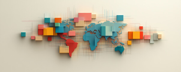 A colorful, abstract representation of a world map with geometric shapes and layered squares on a light background.
