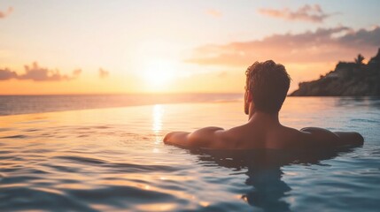 Fototapeta premium Man relaxing in infinity pool at sunset over the ocean