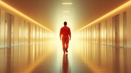prisoner's legs in an orange uniform, walking along a worn path. It captures the somber and isolating essence of prison life, symbolizing confinement