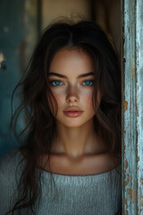 Fototapeta premium A split image of a woman, one half showing her natural, relaxed self, and the other half heavily edited to match beauty standards, creating a stark contrast between reality and expectations,