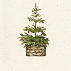 Vector freehand watercolor illustration of a Christmas tree with an empty space for text. Hand drawn watercolour scandinavian tree painting. Hygge card, background 