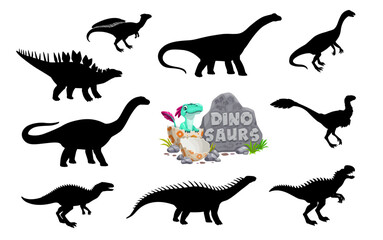 Dinosaur silhouettes with cartoon baby dino in egg shell. Vector prehistoric dino animals of jurassic era. Isolated silhouettes of kentrosaurus, wannanosaurus, monolophosaurus, anchisaurus dinosaurs