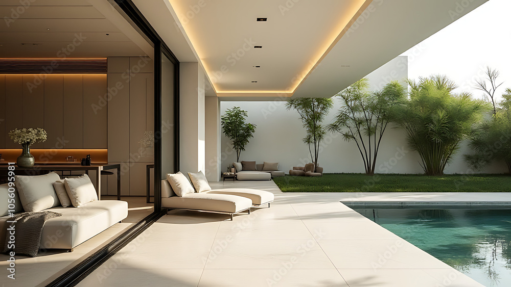 Poster luxury summer architecture features minimalist product placement and modern tropical design elements