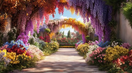 Fototapeta premium Garden archway covered in blooming wisteria, leading to a secret garden, watercolor style