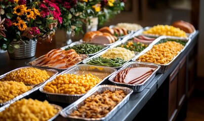Fototapeta premium Buffet Table Filled With a Variety of Delicious Dishes Including Pasta, Meats, and Fresh Vegetables at a Festive Gathering
