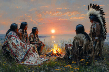 A Native American family sitting around a campfire, sharing stories as the sun sets, with traditional blankets and symbols present, emphasizing the connection between family, tradition, and nature,